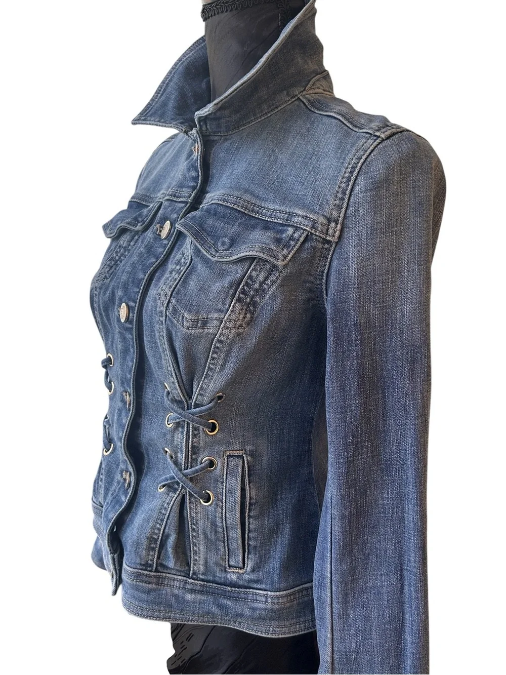 WHBM Women’s Denim Corset Pleated Poetcore Jacket with Lace-Up Waist - XS - Picture 6 of 16
